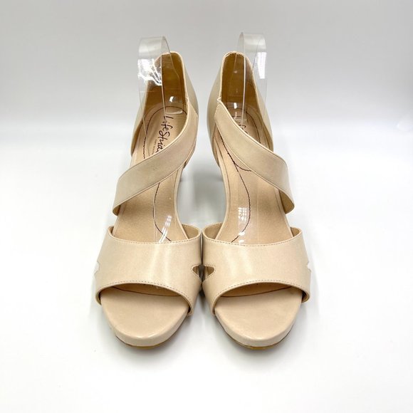 Lifestride Size 11 Mega Almond Cream Faux Vegan Leather Open Toe Heels Shoes - Picture 2 of 15